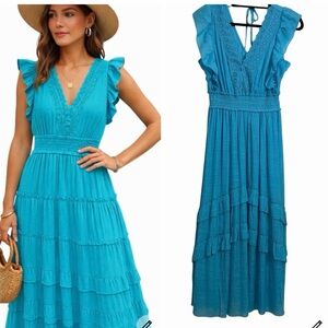 NWT KINGS ROAD Turquoise flutter SLEEVE TIERED MAXI DRESS Medium